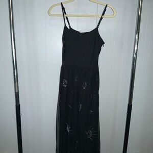 BONGO Black Tulle skirt Midi Dress Silver Embossed Planets Astrological Sz S New